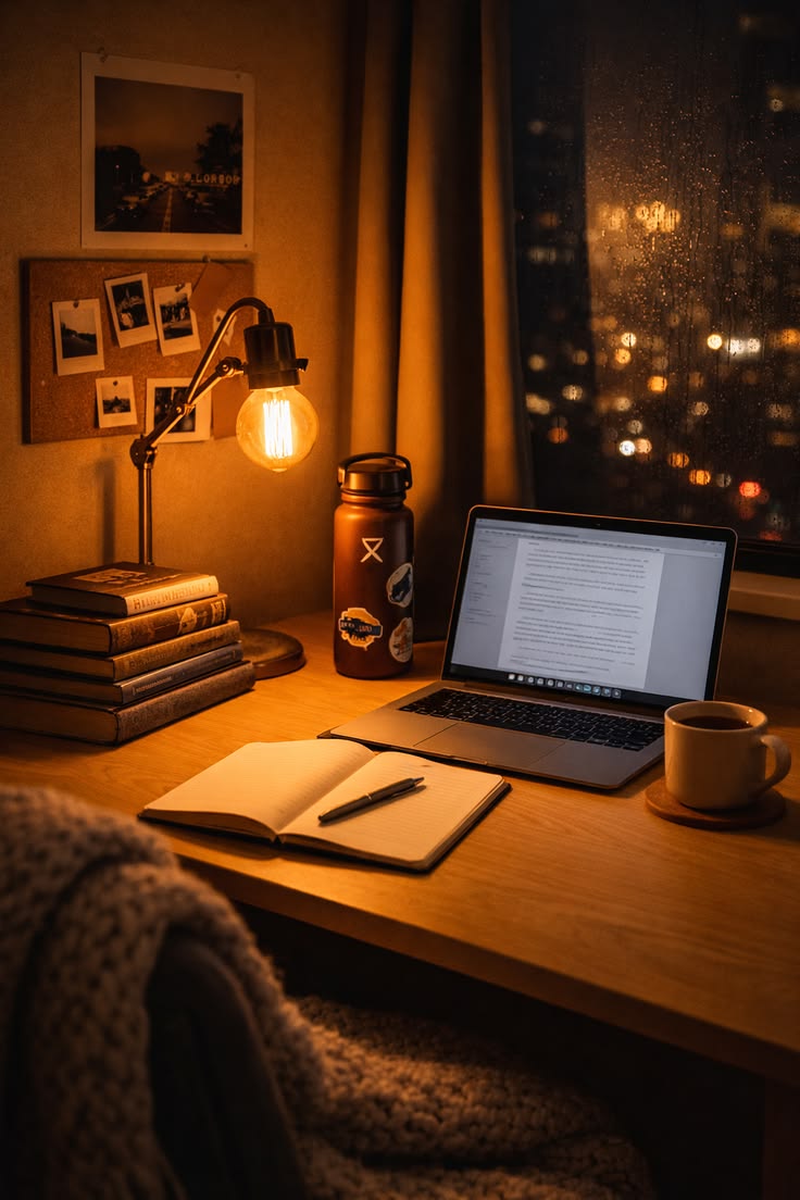 A warm desk lamp beside an open notebook and a cup in a dim room